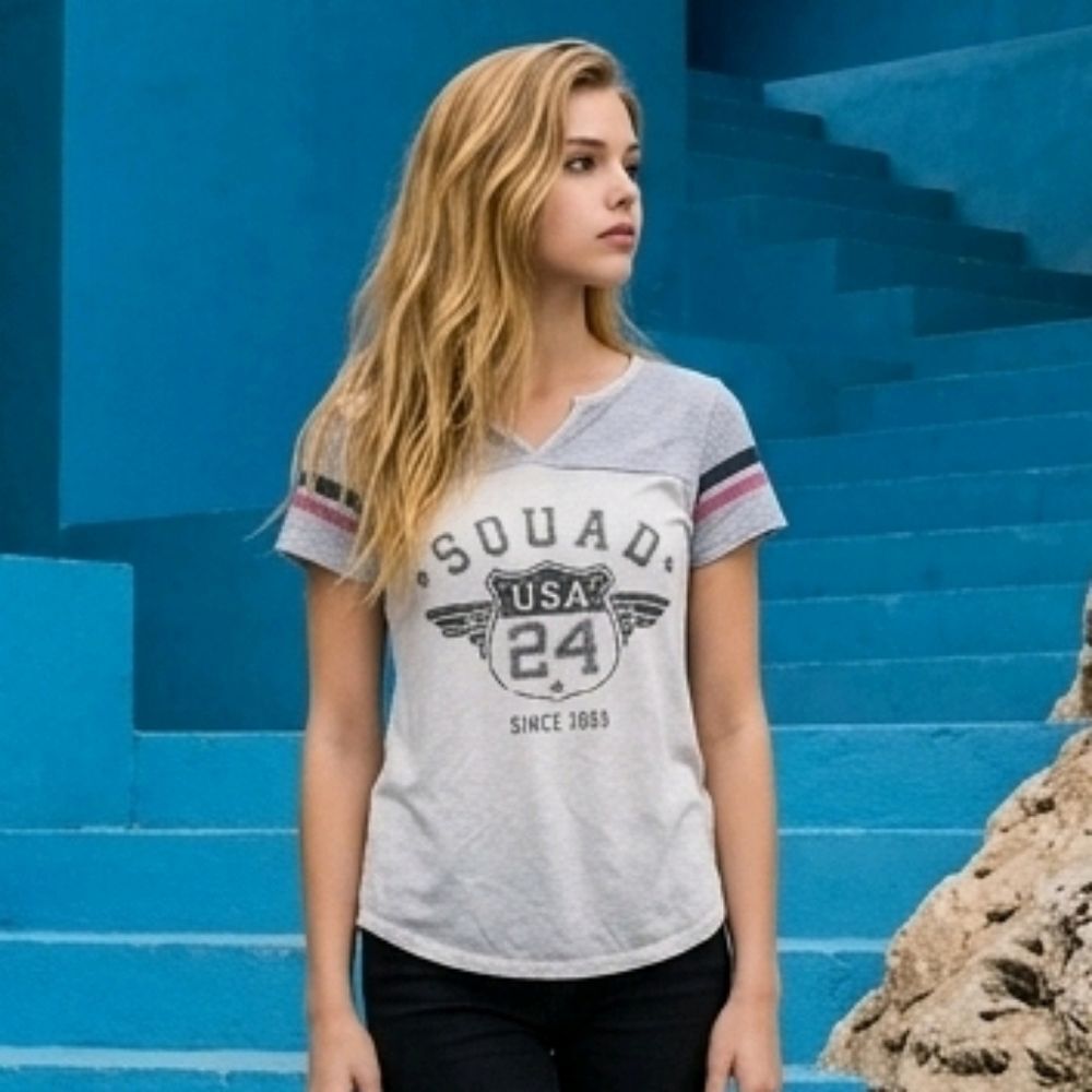 Maurices Size Small Women's SQUAD Retro Ringer Graphic Tee Beige Sporty T-shirt